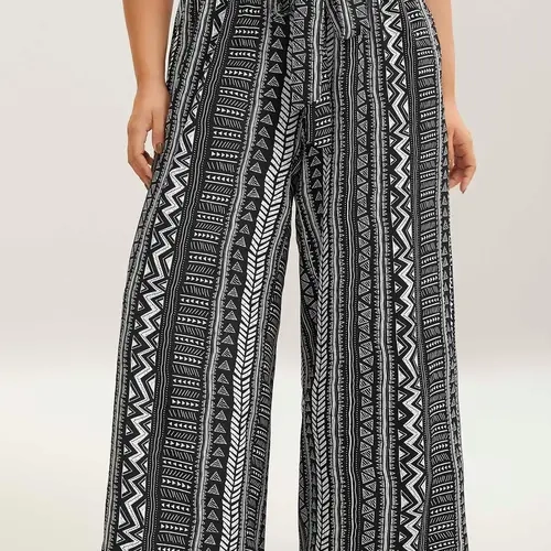 Plus Size Women's Boho Wide Leg Pants, Flowy Printed Trousers With Pockets And Tie Hem, Relaxed Fit Casual Streetwear Fall Outfit[M-6X]Back To School,Fall Pick, Spotlight Day，SohoChic