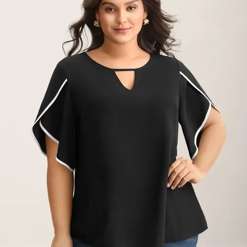 BloomChic Women's Plus Size Color Contrast Petal Half Sleeve Blouse - Curvy Clothing Fit, Casual Round Neck Women's Clothes, Trendy Blouses for Ladies, Summer Fashion Top, Back To School Pick, Blouses Shirts Tops，SohoChic