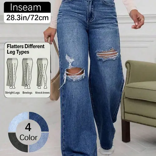 High-Waisted Ripped Jeans, Casual Distressed, Loose-Fitting Button Fly Dark Wash Denim Jeans, Mid Waist Floor-Length Casual Basic Style, All-Season Streetwear Baggy Pants Womenswear