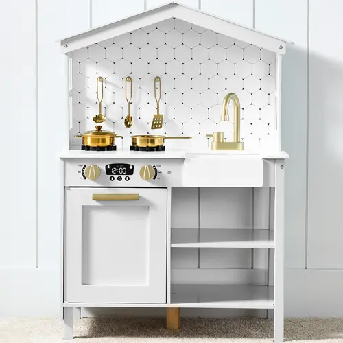 Best Choice Products Pretend Play Wooden Farmhouse Kitchen Set w/ Storage, Clicking Knobs, 5 Accessories