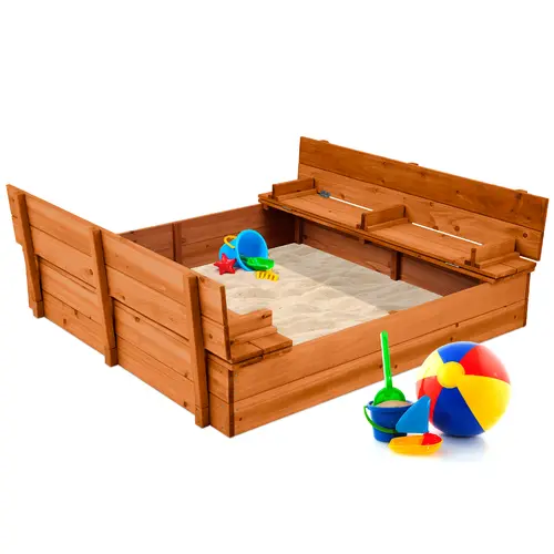 Best Choice Products 47x47-Inch Kids Wooden Outdoor Sandbox w/ 2 Foldable Bench Seats, Sand Protection, Liner