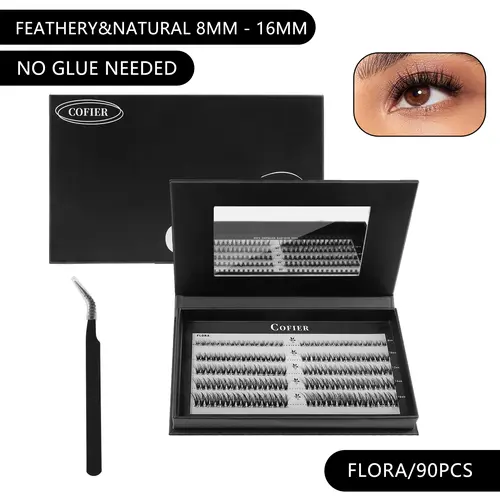 [Airy&Natural] DIY Cosmetic Nature Cluster Individual Lashes Kit - No-Glue Self-Adhesive Press-On, Airy Gentle Realistic Alt Makeup Look, Beginner-Friendly with Tweezers, 90 PCS