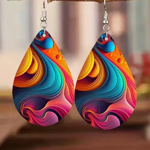 Women's Minimalist Abstract Mountain Drop Earrings, Lightweight Wooden Dangle Design, Ear Hook Design, Vibrant Colorful Art Tear Drop Style, Fashionable Earrings