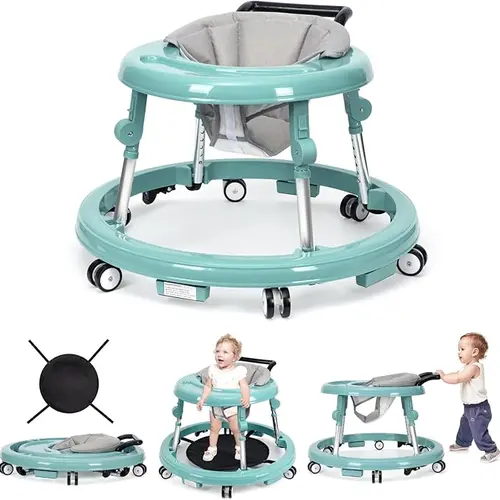 Baby Walker for 7-18 Months, Foldable Baby Furniture with 9 Adjustable Heights, Anti-Rollover Design, Portable Wheels, ABS PP Aluminum Construction, Unisex Use,sohochic, Height Adjustable Handlebar Baby Walkers,sohochic