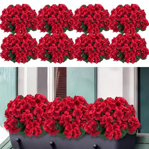 Bunch of 8 13.77 inches Artificial Geranium Flowers, Red Artificial Flowers, Silk Geranium Flowers, UV Resistant Garden Plants for Outdoor, Yard Decoration, Home, Kitchen, Table Decoration