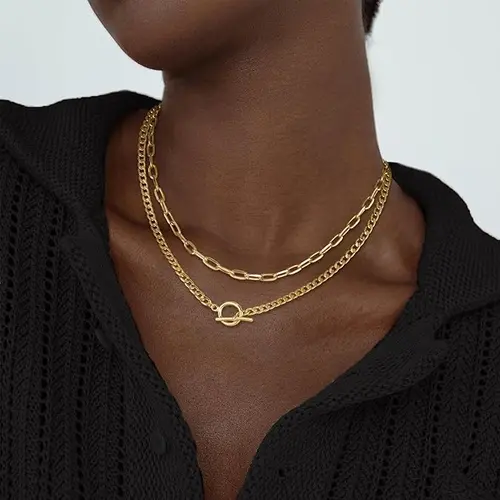 Tewiky 2-Layered 14K Gold/Silver Plated Necklaces for Women, 14K/Silver Plated Dainty Gold Chain Necklace Women Trendy Cuban Link Paperclip Chain Toggle Clasp Necklace Fashion Chunky Jewelry for Women Daily Wear For Valentine's Day gifts