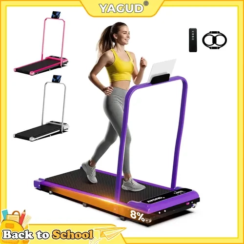 YAGUD Adjustable Incline Folding Handrail Walking Treadmill - Home Fitness Equipment, Quiet Motor Walking Pad, Dual Shock-Absorption, 265lbs Capacity, Wheels, Remote Control, Free Resistance Bands, Treadmills for Home, Cardio Support