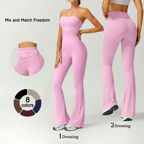 TIMEOFF Women's Halter Neck Athleisure Jumpsuit - Solid Color, Flared Legs, Bodycon Fit Gym Workout Apparel with Butt Lifting & Tummy Control, Stretchable Workout Wear