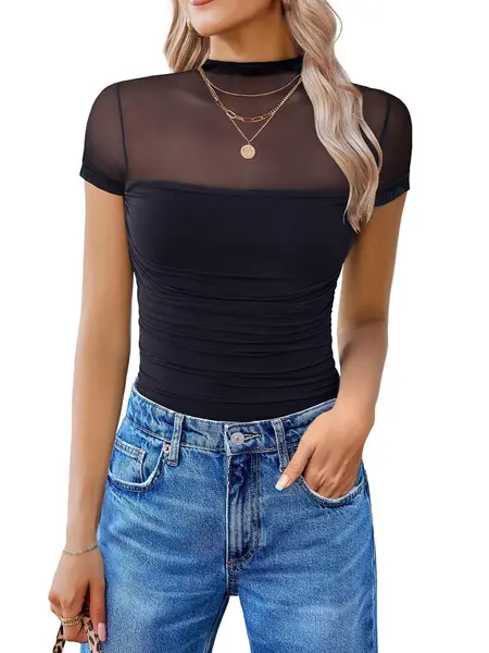 Avidlove Women's Elegant Cute Short Sleeve Bodysuit Turtle Neck Body Suits Mesh One Piece Leotard Going Out Tops Date Outfits Corset Matching Girl Basic Ruched Sheer Slim Soft