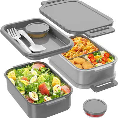 Leakproof Bento Lunch Box - 3-Layer Stackable 72oz Large Capacity Reusable Meal Prep Lunch Box with Sauce & Divided Food Storage Containers, Grey Kitchenware for Adults (Work, Outdoor Use), Packing Lunch For My Kid, Lunch At Work