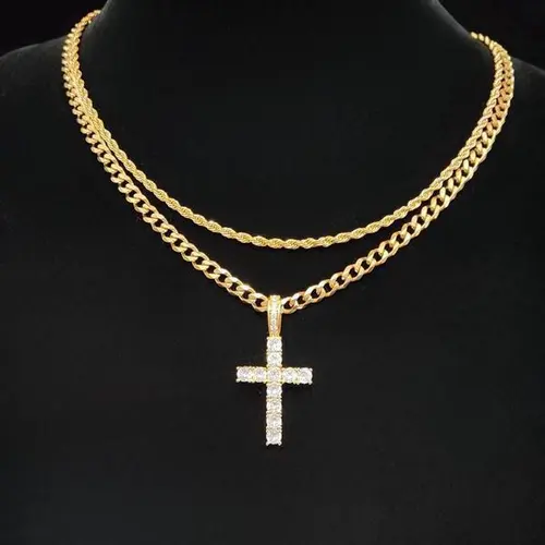2025 Men's Stainless Steel 2-Piece Set: Hip Hop Twist Chain Necklace & Rhinestone Cross Pendant Statement Necklace, Birthday Gift Back to School Fashion Accessory, Two Piece Sets,sohochic