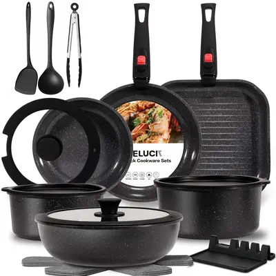 USELUCK 22-Pc Non-Stick Ceramic Cooking Set, Aluminium Kitchen Supplies with Handles, PFOA/PFOS-Free Cream White Granite Cookware, Induction-Ready for Modern Stovetops, Glass Lids & Crepe Frying Pan, Pots And Pans Set