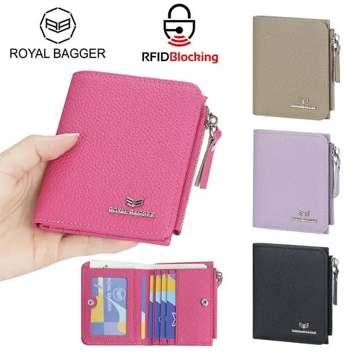 Royal Bagger Minimalist Plain Casual Women's Genuine Leather Slim Bifold Wallet - RFID Blocking Data Scan Guard, Zipper Coin Purse, Wallets for Women, Athletic, Top‑Grain Leather,sohochic