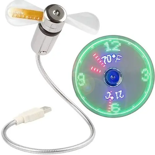 Portable 3D Holographic Projection Clock Fan - USB-A Plug Powered, LED Display, Real-Time Temperature Display, Flexible Metal Gooseneck, Ideal for Office Desk, Computers