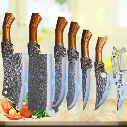 7-Piece Forged Stainless Steel Knife Block Set - Thick, Durable, Rustproof, Scratch-Resistant, Ultra-Sharp Blades Including Chef, Boning, Slicing, Carving, Filleting, Paring Knives & Bone Cleaver for Meat Preparation & Versatile Cooking Needs
