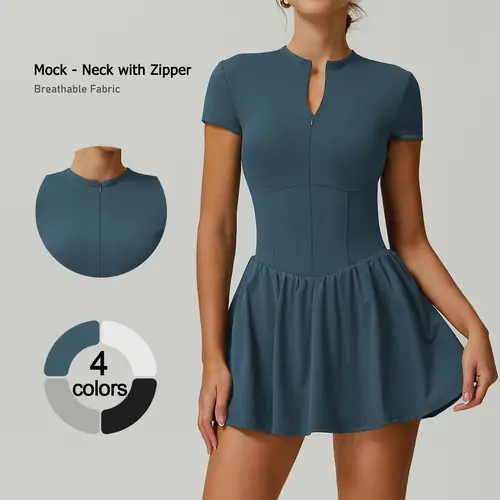 TIMEOFF Women's Short Sleeve Zip-Up Mock Neck Athletic Romper with Flared Skirt - Sporty Chic Dress, Athleisure Tennis Attire, Women's Clothing for Summer Fitness,summerwins