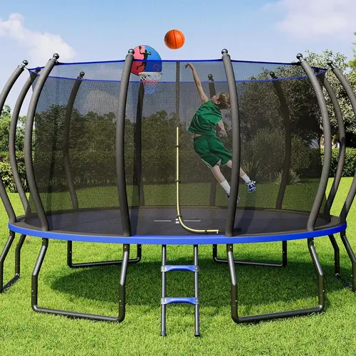 Amerlife 8 FT Round Outdoor Indoor Recreational Trampoline for Kids, Heavy-Duty Steel Trampoline with Safety Enclosure Net, Curved Poles, Ladder, ASTM Approved & Easy Installation #SohoChic