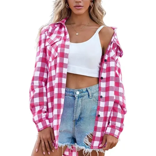 ZEAGOO Women's Essential 98% Cotton Blend Buffalo Plaid Blouse, Collared Button-Down, Long/Roll-Up Sleeves, Crop Bodycon Easy Layer Oversized Fit Casual Work Top (Blouses & Shirts)