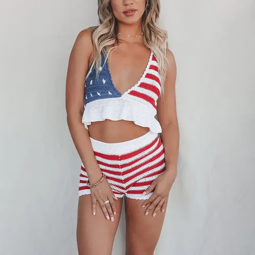 Women's 4th of July Knit Outfits Stripe Star Halter Neck Ruffled Tank Tops + Shorts Casual Streetwear
