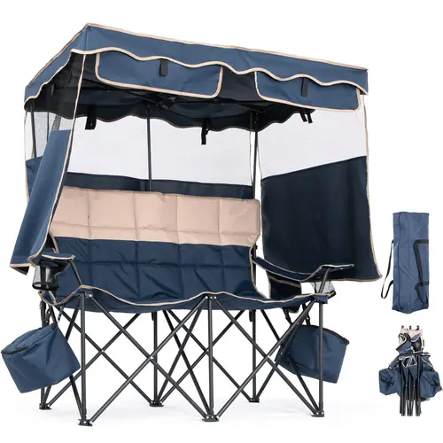 Lilypelle XXXL Foam-Padded 2-Person Folding Beach Chair with Shade Canopy, Cup Holder, Carrying Bag & Heavy-Duty Steel Frame, Collapsible Outdoor Patio Camp Chair for Garden Party, Beach Chairs
