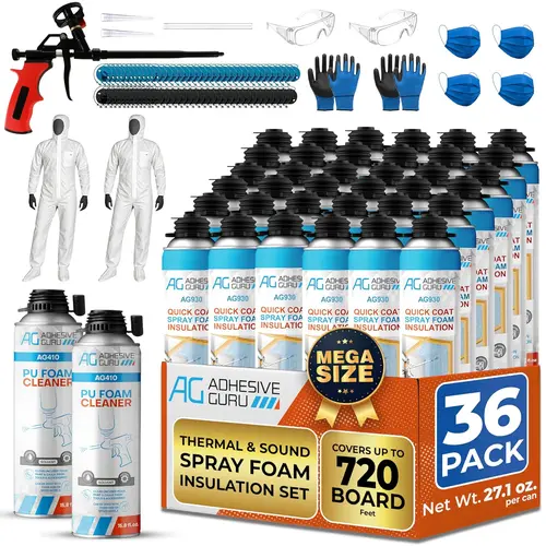 ADHESIVE GURU AG930S Self-Expanding Closed Cell Polyurethane Spray Foam Set - Heat Insulation Kit with Coverage for Multiple Surfaces, Walls & Granite Applications, Works Indoors/Outdoors, Includes Foam Cleaner