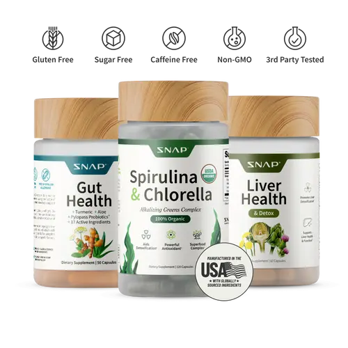 Snap Supplements – Gut Health + Spirulina & Chlorella + Liver Health Bundle – Natural Supplement Capsules – Support Digestive Health, Detox, and Gut Microbiome Balance