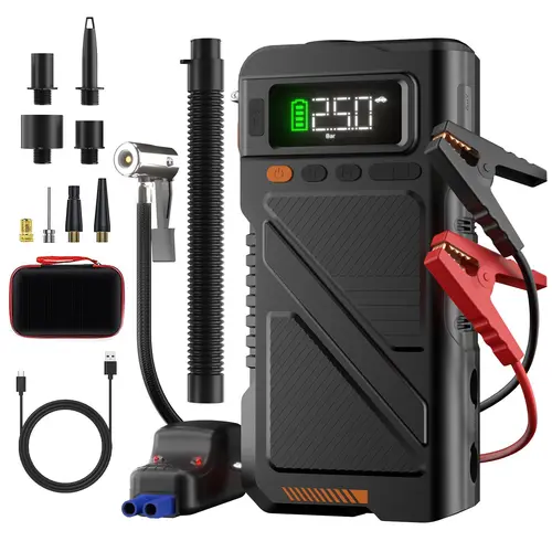 9000A Peak Compact Auto Accessories Vehicle Jump Starter, 12V Automotive Tool Kit with 150PSI Air Inflator-Deflator, Extended Jumper Cables, Emergency Lighting for 12L Gas Engines,toolupgrade