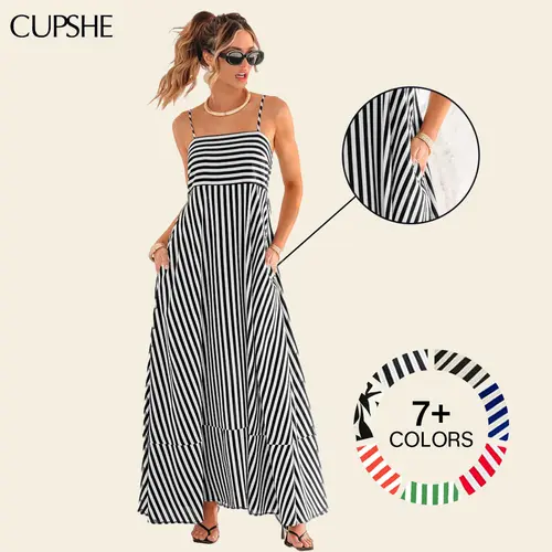 CUPSHE Women's Striped Woven Boho Maxi Dress, Sleeveless Square Neck, Ruffle Hem, Flattering, Beach Ready, Casual Summer Vacation Wear, Dresses Sundresses Womenswear#SohoChic