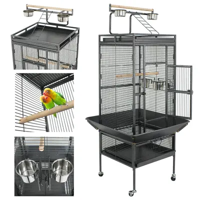 Segawe Large Metal Birdcage with Wood Accents - 25"(w)x17"(d)x53"(h) Iron Frame, Open Top, Easy-Clean Litter Tray, Safe Design, Feeding Cups, Swivel Wheels, Black/White Finish for Parrots, Parakeet Cage Setup (Pet Supplies, Bird Cages & Houses), 25"(W) X