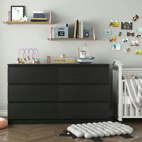 Spaco 6-Drawer Double Dresser - Black Particle Board Cupboard Cabinet, Sturdy Modern Sideboard Buffet with Spacious Storage, Anti-Tip Safe Drawers for Bedroom, Modern Home Decor