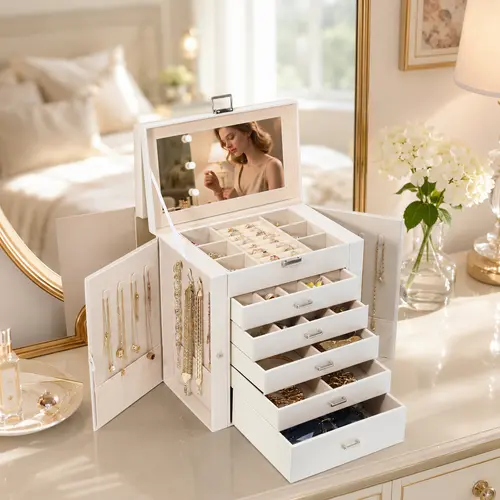 BOOVO 6-Tier Large Jewelry Box Organizer with Lock, Anti-Tarnish Lining & Built-in Mirror, Minimalist Jewelry Storage Case,Double Side Doors Minimalist Storage Case, Ideal Gift for Women（Peal white）