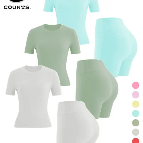 Two-piece Set Women's Solid Color Tee & High Waist Skinny Shorts Tracksuit Set, Sporty Casual Breathable Set for Yoga Gym Workout Running, Ladies Summer Sportswear, Activewear, Sports Clothing Set