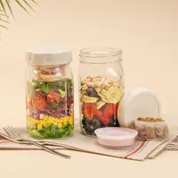 SOLIGT Minimalist Round Glass Salad Jars with Lids - 4-Pack 32oz BPA-Free Glass Storage Containers, Leakproof Kitchen Gadgets with 2 Built-in Wet/Dry Separation Boxes for Dressing/Dry Ingredients, Meal Prep Organiser, Bpa Free Containers,sohochic
