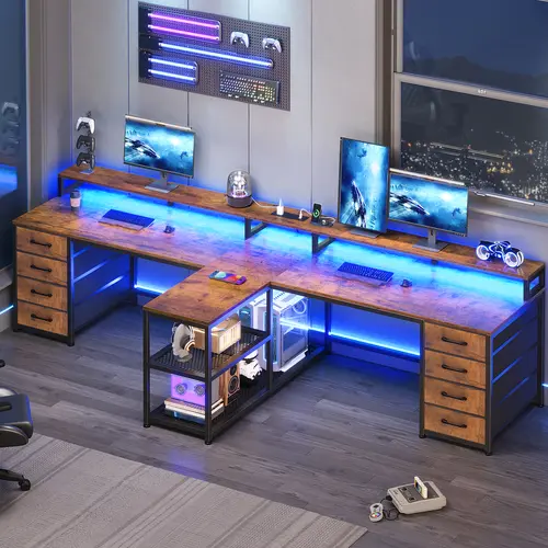 Sedeta 94.5-Inch Wood & Metal Modern 2-Person Gaming Desk - Home Office Furniture, Desk for Bedroom, 8-Drawer Storage, Built-In Power Outlet, LED Lighting, Cool Room Decor