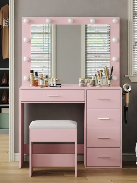 FUSOU 37"W 5 Drawers Vanity Desk with Power Outlet, Makeup Table with Lighted Mirror, 3 Color Lighting Modes,Vanity Table Dressing Table Set tabitha modern power outlet