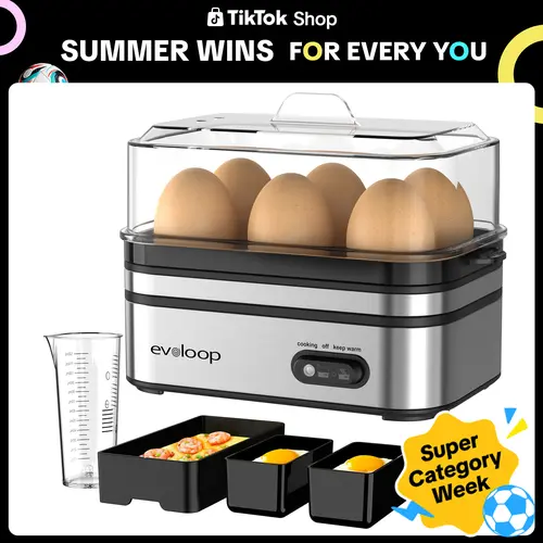 EVOLOOP Rapid Egg Steamer - 6-Egg Capacity, BPA-Free Stainless Steel with Clear Tritan Lid, 400W Electric Egg Cooker for Hard Bo iled, Poached, Scrambled, or Omelette, Includes Measurement Cup & 2 Poaching Trays, Auto Shut Off