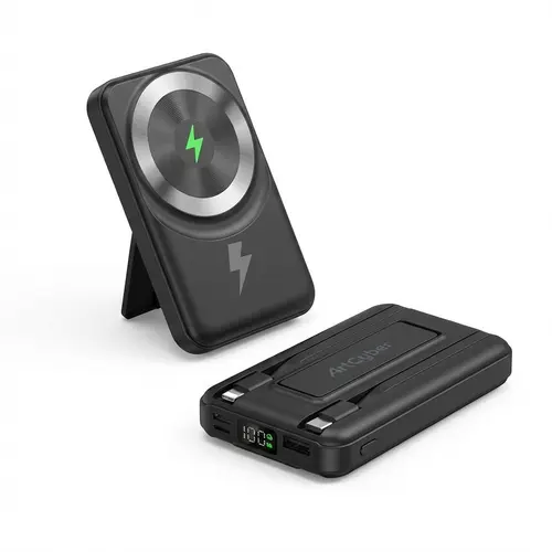 10000mAh Magnetic Wireless Power Bank, Portable Charger with Built-in Dual Cables, LED Battery Display & Foldable Stand, USB-C Battery Pack for iPhone Samsung Android Phones, Compact Travel Charger