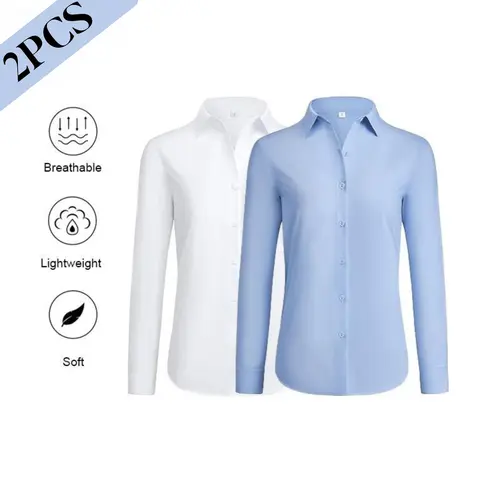 2-Pack Siliteelon Wrinkle-Free Modal Button Down Shirts for Women Essential Classic Basic Slim Fit Collared Dress Shirt Work Business Casual Office Outfit Long Sleeve Blouse Tops Interview Teacher Fall Winter Outfit