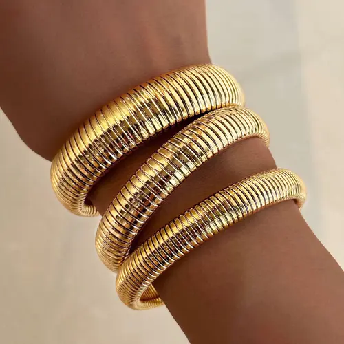 Women's 14K Gold Plated Chunky Stackable Bracelets Set (3PCS), 17KM Waterproof Non-Tarnish Gold Jewelry, Summer Accessory Gifts for Her, Gold Plated Bracelet, Stackable Bracelet,sohochic