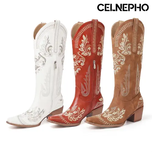CELNEPHO Cowboy Boots for Women Western Knee High Boot Pointed Toe Classic Vintage Floral Embroidered Rhinestone Easy Pull on Chunky Block Heel Side Zipper Comfy Horse Riding Party Wedding Casual Music Festival Rodeos Fall Fashion Dressy Cowgirl Shoes