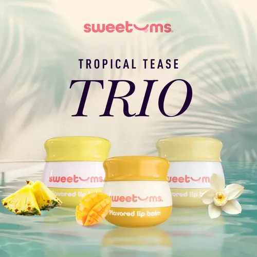 SWEETUMS The Tropical Tease Trio Lip Balm Bundle Vanilla, Mango, and Pineapple glossy hydrating jojoba oil Smooth Hydrate Lips Smooth Hydrate Lips Lip Care Routine Lip Care Cosmetics Melting Lip Balm Daily Lip Care Moisturizing Lip Balms, Vegan