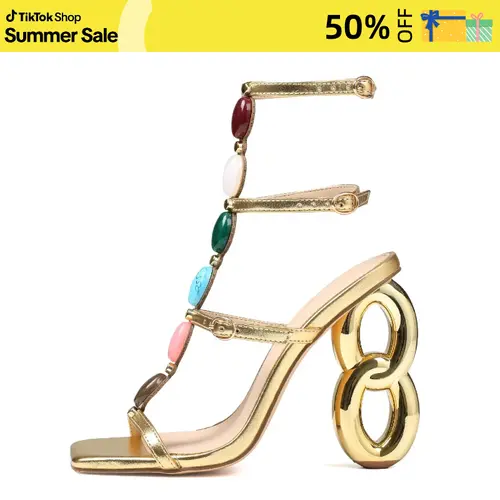AOSPHIRAYLIAN Women's Square Toe Elegant Party Shoes - Gold Gem Footwear, Interlinked Hollow Heel, Adjustable Buckles, Scratch-Resistant PU Leather, Comfortable Glamorous Formal Sandals for Bridesmaids Party Wear,sohochic