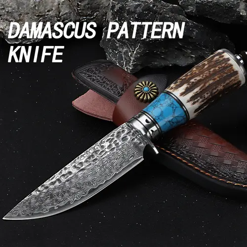 1pc Handmade Damascus Steel Fixed Blade Knives - 8in Spear Point Bowie Knife, Exotic Antler Handle, Straight Lightweight Non-Folding Blade, with Leather Sheath for Hunting & Skinning