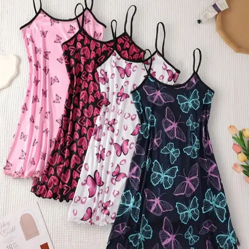 Women's Cute All Over Print Cami Sleeveless Nightdress, Casual Soft Comfortable Polyester Spaghetti Strap Nightgown for All Seasons, Lady's Sleepwear & Loungewear for Indoor Wear, Breathable Sleep Dress, Soft Nightwear Loungewear