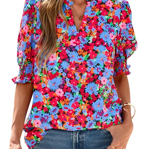 BTFBM Summer Blouses for Women Dressy Casual 2026 Spring Floral Boho Shirts V Neck Puff Short Sleeve Business Work Tops
