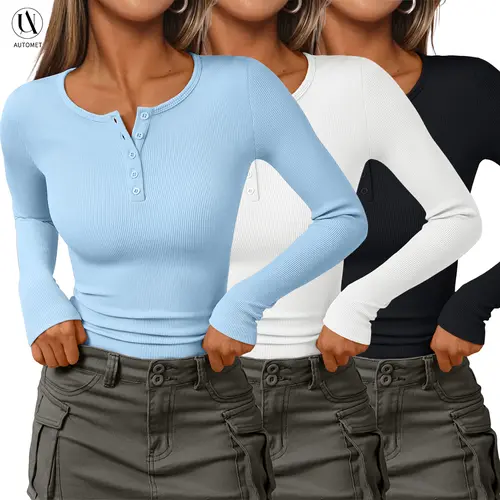 AUTOMET Women's 3-Piece Minimalist Long-Sleeve Round Neck Ribbed Blouses - Plain Button-Front Basic Casual Women's Clothes, Shirts for Everyday Wear,summerwins,summeroutfits,vacationoutfits,beachoutfits