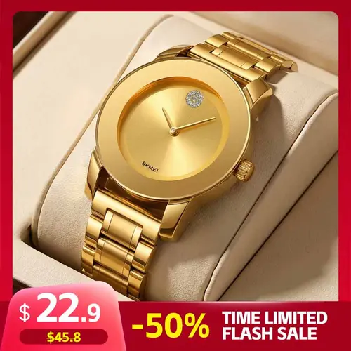 SKMEI Women's Minimalist Exquisite Watch - Glamorous Quartz Drive Dress Timepiece, Stainless Steel Strap with Clasp, Round Case (Gold, Silver, Black), Elegant Fashion for Work, Office, Daily Wear