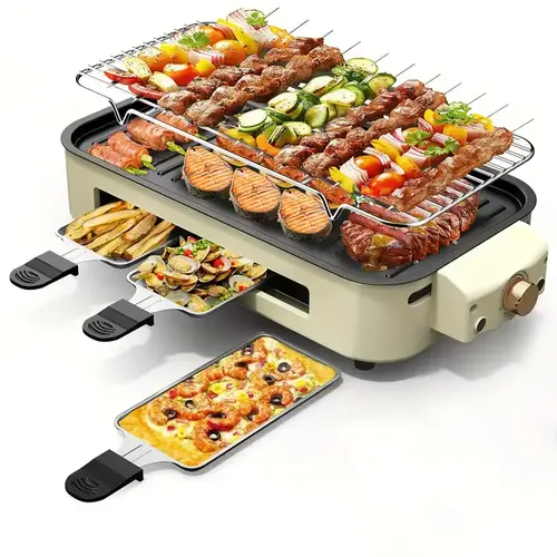 Smokeless electric grill, frying and grilling electric grill with removable non-stick tray and grill rack, with 3 mini pans, 1500W home grill, adjustable temperature, indoor grilling, kitchen utensils, stainless steel,sohochic