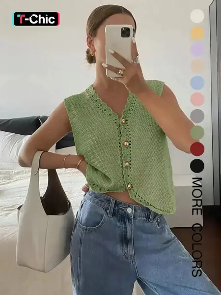 Women's Plain Button Front Cardigan, Button Up Cardigan, Casual Basic Fitted Crochet-Knit Cardigan for Summer, Casual Comfy Top, Fashion Women's Sleeveless V-Neck Knitwear for Daily Wear, Aesthetic Casual Knitwear, Womenswear, Knitting, Knitted