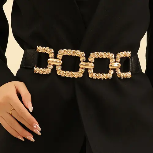 CHICME Women's Chain Decor Buttoned Waist Belt Fashion Elastic Stretch Dress Belt Waistband